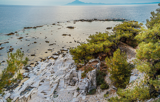 Panoramic view of Kardamyli town, a coastal town built by the Venetians featuring a mix of traditional Greek and Venetian design located in Messinia, Greece.