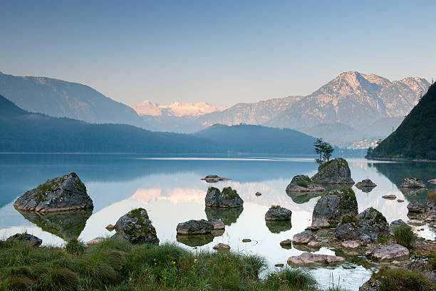 Lake Altaussee with Glacier Dachstein, Austrian Alps Nature Reserve Panorama  dachstein mountains photos stock pictures, royalty-free photos & images
