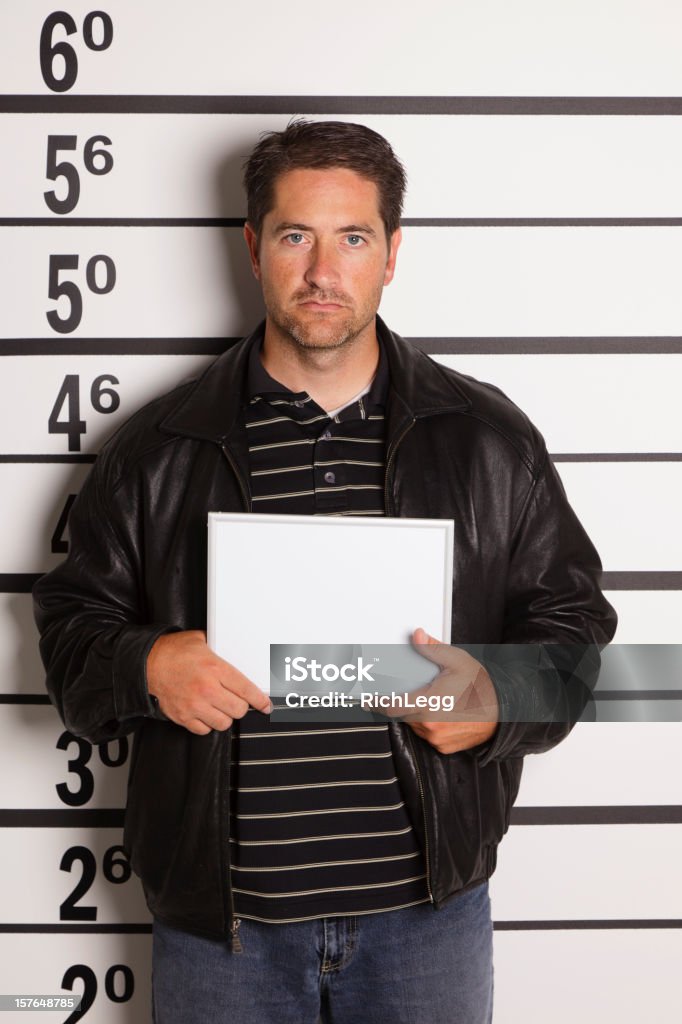 Mugshot of a Man A mugshot/booking photo of a man wearing a leather jacket. Mug Shot Stock Photo