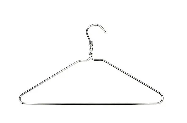 Photo of A single silver wire hanger on a white background