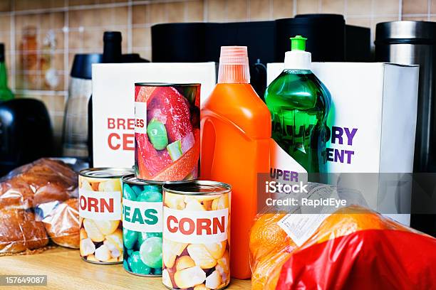 Selection Of Generic Groceries Stacked On Kitchen Counter Stock Photo - Download Image Now