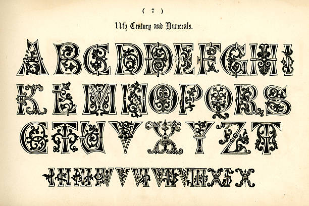 11. jahrhundert alphabet mit ziffern - manuscript medieval medieval illuminated letter old stock-grafiken, -clipart, -cartoons und -symbole
