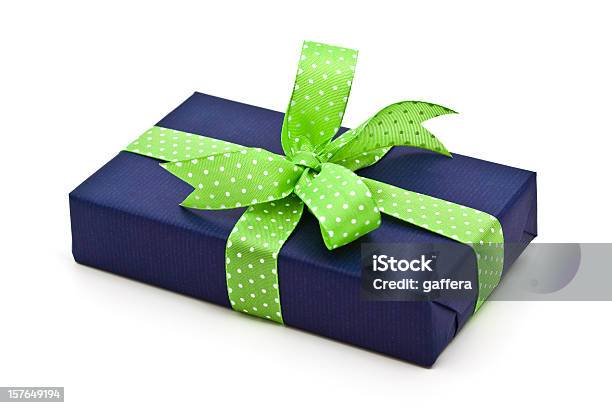 Blue Gift Box With Green Bow Stock Photo - Download Image Now - Gift, Green Color, Blue