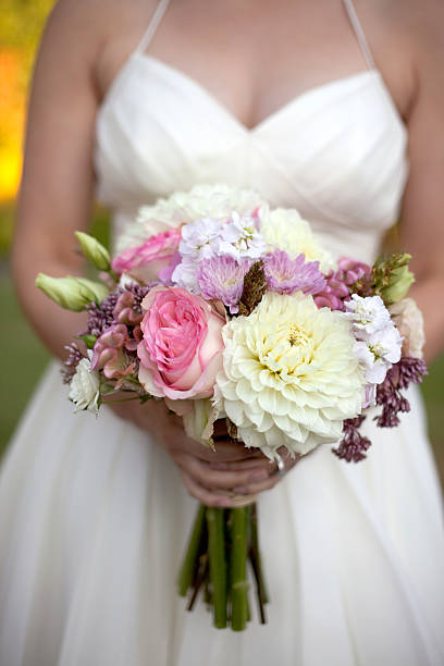 Bride holding pink bouquet stock photo