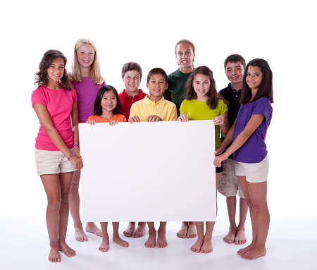 A diverse group of nine children and teens of different ethnicities and races all gathered together holding a large blank white sign. Children are in colorful shirts.\n[url=http://www.istockphoto.com/my_lightbox_contents.php?lightboxID=5244716][img]http://www.janibrysonstudios.com/Banners/BlankSigns[/img][/url]\n[url=http://www.istockphoto.com/search/lightbox/10805309][img]http://www.janibrysonstudios.com/Banners/KidGroups[/img][/url]\n[url=http://www.istockphoto.com/search/lightbox/12107436][img]http://www.janibrysonstudios.com/Banners/Teen Groups[/img][/url]\n[url=http://www.istockphoto.com/my_lightbox_contents.php?lightboxID=2856525][img]http://www.janibrysonstudios.com/Banners/Diversity[/img][/url] \n[url=http://www.istockphoto.com/my_lightbox_contents.php?lightboxID=3602975][img]http://www.janibrysonstudios.com/Banners/KidsFont[/img][/url]\n[url=http://www.istockphoto.com/my_lightbox_contents.php?lightboxID=3613393][img]http://www.janibrysonstudios.com/Banners/KidWords[/img][/url]\n[url=http://www.istockphoto.com/my_lightbox_contents.php?lightboxID=2620486][img]http://www.janibrysonstudios.com/Banners/Children[/img][/url] \n[url=http://www.istockphoto.com/my_lightbox_contents.php?lightboxID=3373887][img]http://www.janibrysonstudios.com/Banners/FacesOfDiversity[/img][/url] \n[url=http://www.istockphoto.com/my_lightbox_contents.php?lightboxID=2105455][img]http://www.janibrysonstudios.com/Banners/Teens[/img][/url]\n[url=http://www.istockphoto.com/my_lightbox_contents.php?lightboxID=2442636][img]http://www.janibrysonstudios.com/Banners/School[/img][/url] \n[url=http://www.istockphoto.com/my_lightbox_contents.php?lightboxID=3420243][img]http://www.janibrysonstudios.com/Banners/SimplyFaces[/img][/url]