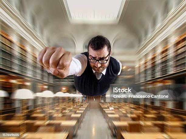 Superman Nerd At The Library Flying Stock Photo - Download Image Now - Flying, Nerd, Superhero