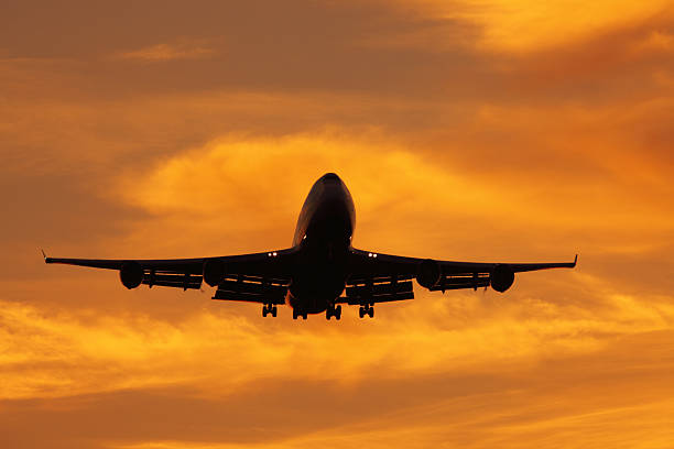 istock single airplane landing or starting at sunrise 157649680