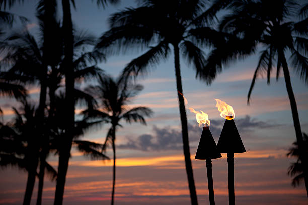 факел тики пламя на закате - tiki torch стоковые фото и изображения