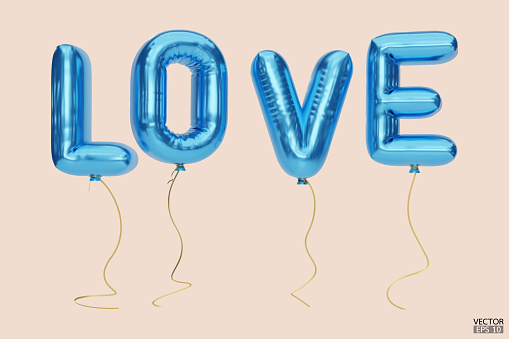 3D blue letter love balloons. Love blue characters balloons in the air. For celebration, party, date, invitations, event, card, and Valentine's Day.  3d vector illustration.