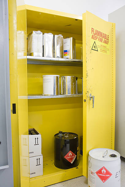 Hazardous Chemicals storage Locker with various Containers Inside stock photo