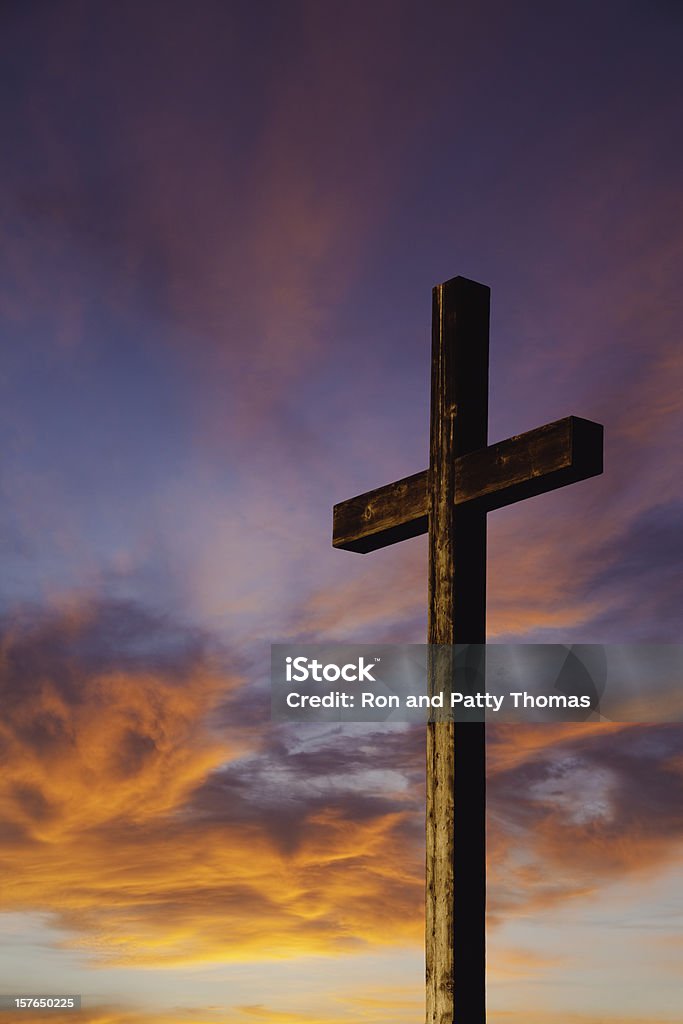 Rugged Wooden Cross Against Sunset Sky Religious Cross Stock Photo