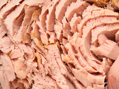 Closeup view of tuna pieces like when packaged in cans