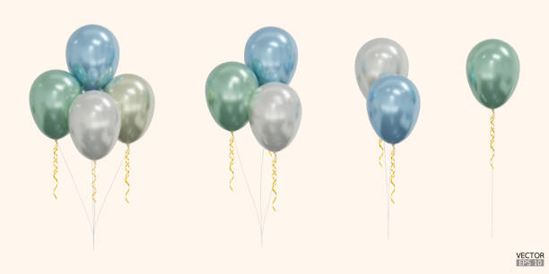 istock Set of realistic vector blue, green, white balloons isolated on beige background. Helium balloons clipart for anniversary, birthday, wedding, party. 3D vector illustration. 1576502773