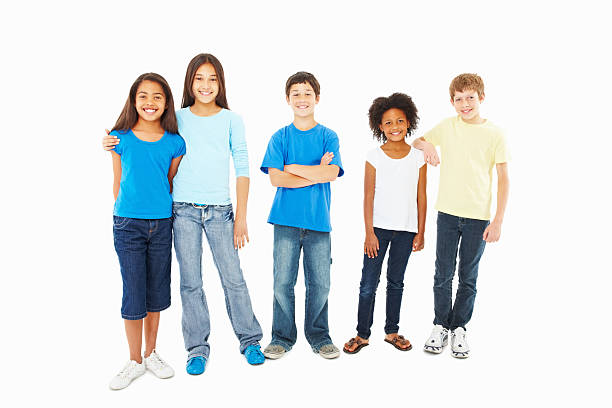 Smiling adorable kids standing against white  five people photos stock pictures, royalty-free photos & images