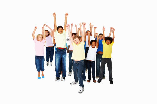 istock Group of excited multi ethnic kids jumping together with copyspace 157650376