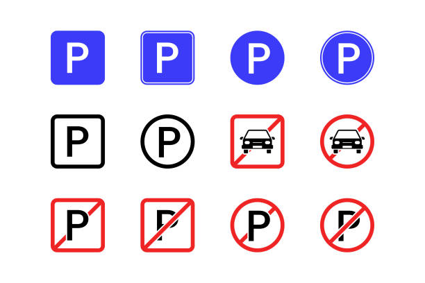 parksymbol setzt vektordesign auf weißem hintergrund. - parking lot parking sign sign letter p stock-grafiken, -clipart, -cartoons und -symbole