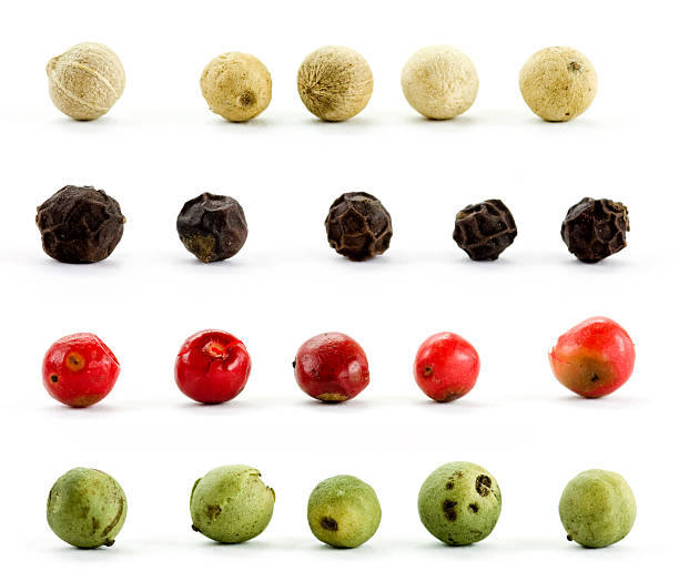 Four rows of different peppercorns on white background stock photo