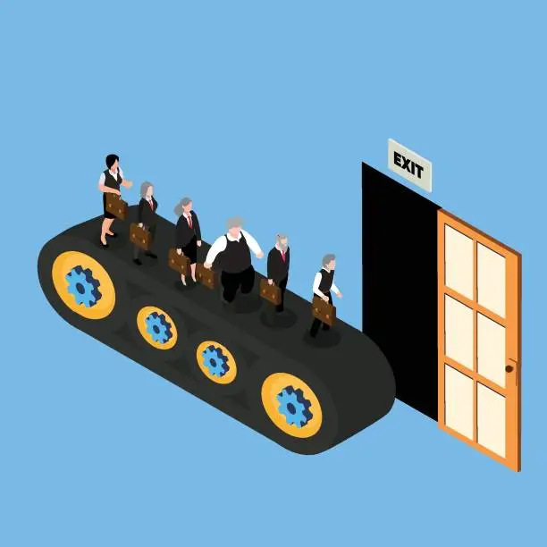 Vector illustration of Employees on a conveyor belt leaving their jobs