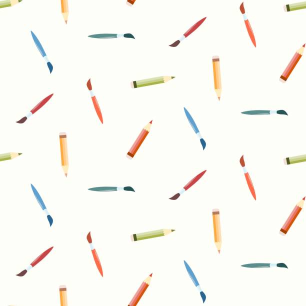 ilustrações, clipart, desenhos animados e ícones de padrão contínuo de lápis de cor escolar desenhados à mão e pincéis em fundo isolado. - paint gouache paintbrush wallpaper brush