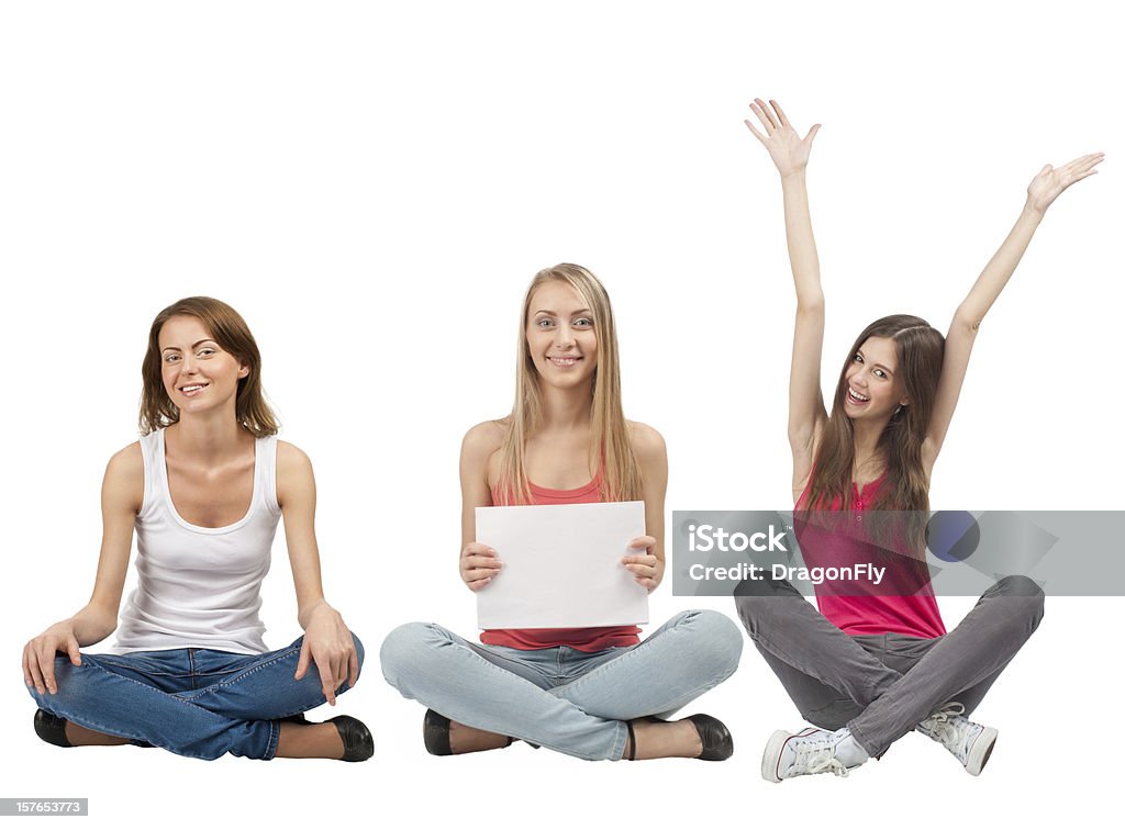 Tres niñas con signboard blanco - Foto de stock de 20 a 29 años libre de derechos