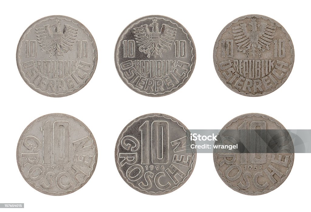 Old Austrian Coins Isolated on White Old Austrian ten groschen coins isolated on white Austrian Currency Stock Photo
