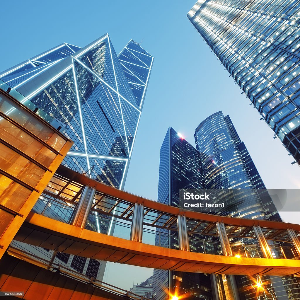 Looking up at modern sky scrapers in Hong Kong Modern office buildings in Central Hong Kong. Architecture Stock Photo