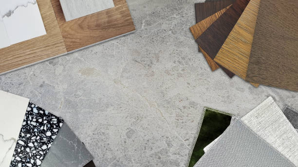 istock interior material samples including wooden laminated and vinyl flooring tiles swatch, marble stone quartz swatch, fabric draperies, ceramic tile placed on luxury grey marble stone. mood tone board. 1576562915