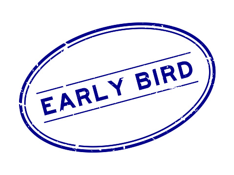 Grunge blue early bird word rubber seal stamp on white background