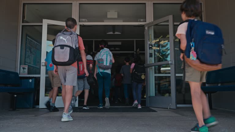 Elementary age students arriving at school