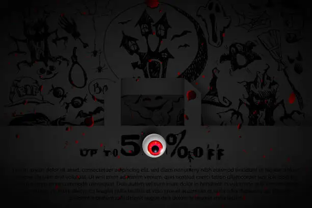 Vector illustration of Halloween and sale concept in cartoon style. Paper black gift bag with a creepy eye on a dark abstract background with freehand drawings. Stylish vector template with copy space.