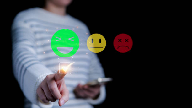 Customer review satisfaction feedback survey concept. finger of User touching check mark and face emoticon smile icon. customer services best excellent business rating experience. Online review tools,