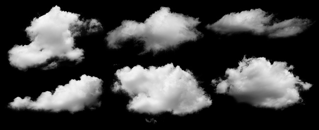 Set of  white clouds on black background. Ready to use with screen mode.