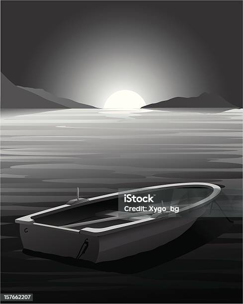 Ruder Boot Bei Sonnenuntergangvektorillustration Stock Vektor Art und mehr Bilder von Dunkel - Dunkel, Fluss, Grau