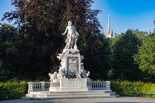 Vienna, Austria. 29 September 2023 Monument of famous composer Wolfgang Amadeus Mozart in Burggarten