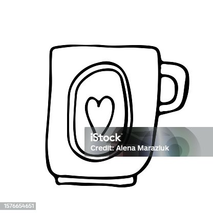 istock Cup decorated with design elements collection of different modern vector flat illustration. colored mug filling by beverages isolated. Cute trendy crockery with handle for drink. Vector illustration. 1576654651