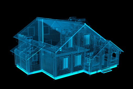 House 3D rendered xray blue transparent