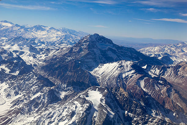 Mount Aconcagua, Argentina (highest pick in America continent) Mount Aconcagua in Mendoza, Andes Mountain Range, border between Argentina and Chile. Argentina (highest pick in America continent). Aerial photo. andes mountains chile stock pictures, royalty-free photos & images