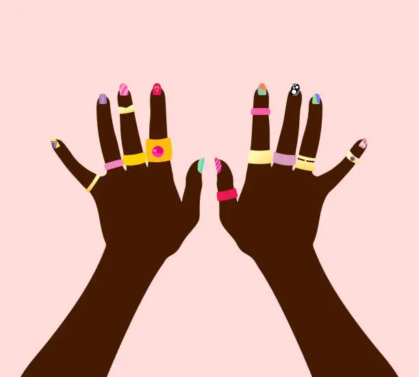 Vector illustration of Female hands with gold and colored rings and painted nails. Top view on hands with jewelry and nail design. Vector illustration