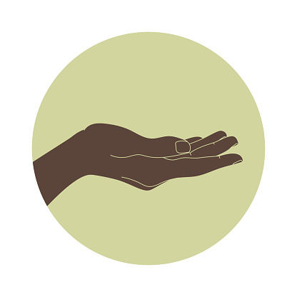 Hand with a palm up in a green circle. Open palm up in getting or receiving something gesture, holding, showing, presenting concept. Vector illustration