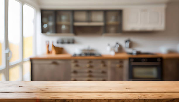 istock Empty wooden table and modern kitchen interior for product display montage 1576684237