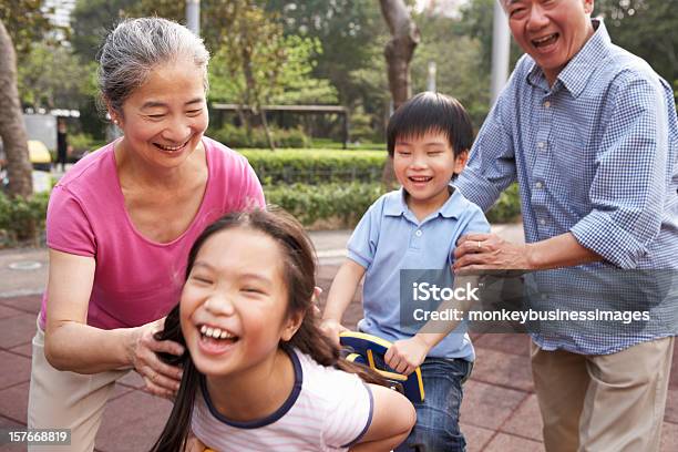 Avós Chinesas Brincar Com Netos No Parque Infantil - Fotografias de stock e mais imagens de Parque Infantil - Parque Infantil, Terceira idade, Criança