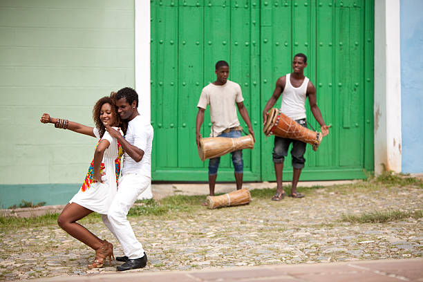 istock Young black couple dancing salsa 157671473
