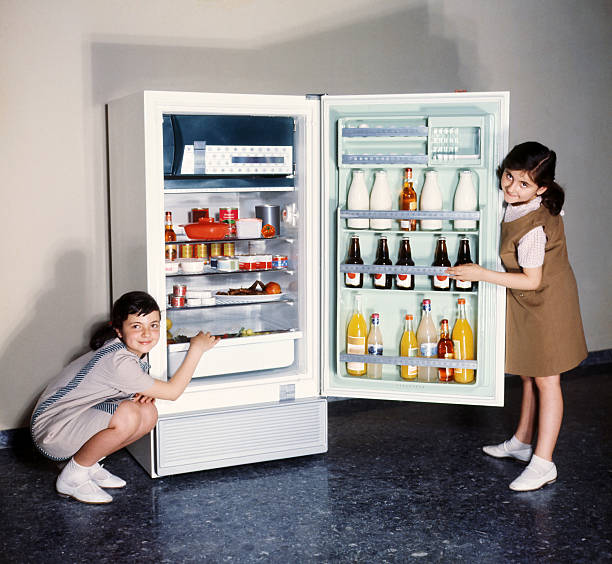 Children doing refrigerator advertising in the 60s Two smiling girls proudly posing by an open refrigerator. All products in the fridge altered to avoid copyright issues. Sixties film scan, some grain visible. appliance photos stock pictures, royalty-free photos & images