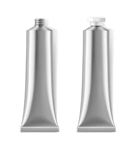 Vector illustration of Realistic metal silver paint tube cosmetic package