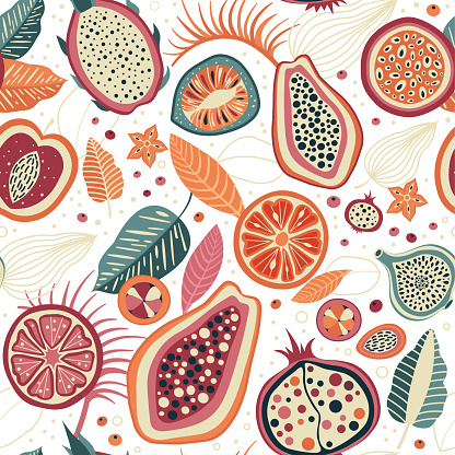 Exotic fruits and tropical leaves pattern in bright vintage colors. Summer fruit slices repeating design. Retro ornament with papaya, pomegranate, fig, citrus and pitaya seamless background.