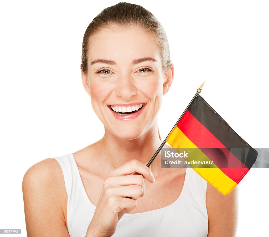 Sorrindo Jovem mulher com bandeira Alemanha - Foto de stock de Bandeira Alemã royalty-free
