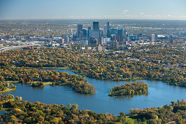 Autumn aerial view of Minneapolis, Minnesota. stock photo