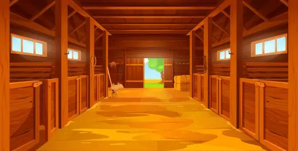 Vector illustration of Cartoon farm stable, barn interior with sand floor