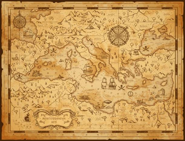 illustrazioni stock, clip art, cartoni animati e icone di tendenza di vecchia mappa d'epoca del mar mediterraneo, vela pirata - compass drawing compass map cartography