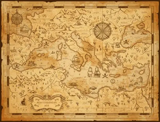 Vector illustration of Old vintage map of Mediterranean sea, pirate sail